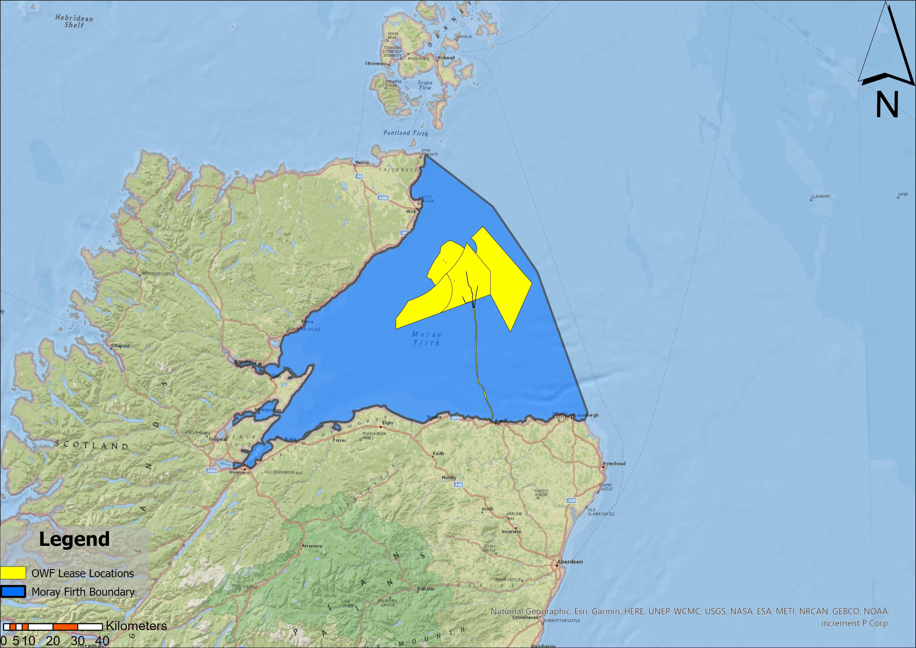 Map of research area with offshore wind farms overlayed