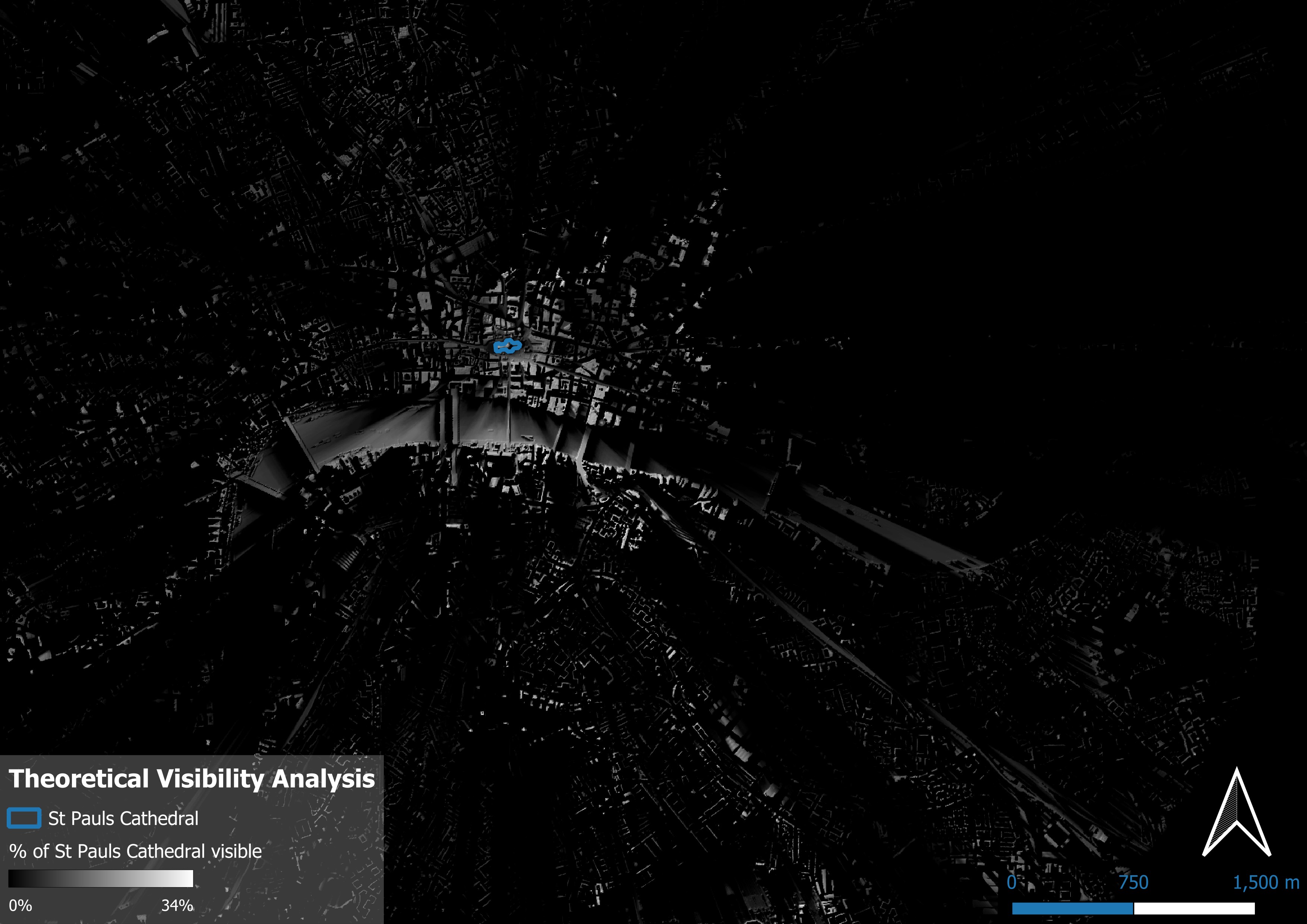 ZTV map showing theoretical visibility of St Paul's Cathedral across London